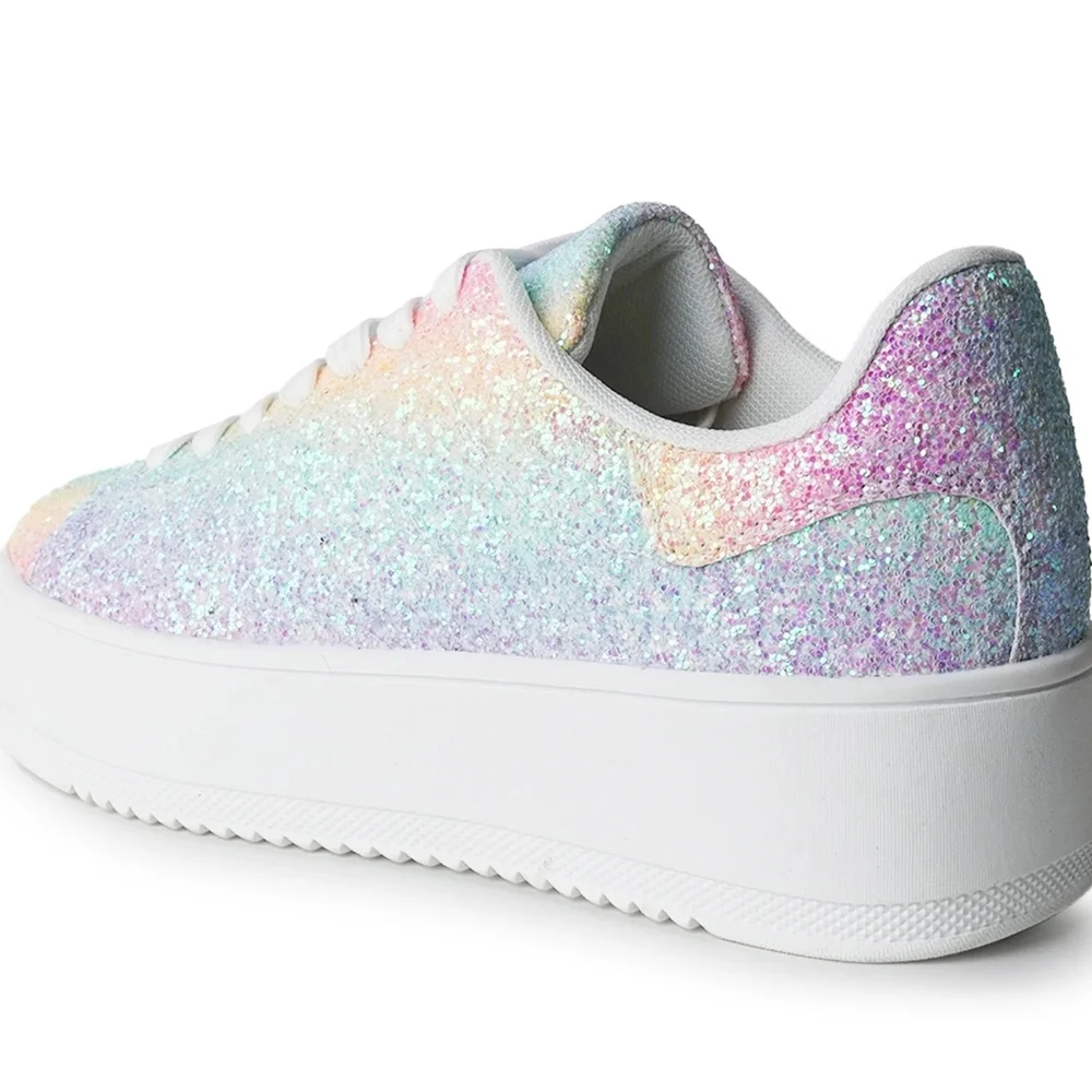J. Adams Glitter Platform Sneakers Women Size 10 Rainbow Sparkle Lace-Up - Picture 2 of 3